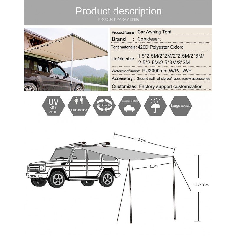 HI-TEX 2.5 x 1.6m Car Side Awning with Pull Out Shade for Outdoor Camping With 2 Extensions - Image 9